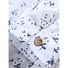 Floral Print Pleated V-neck Long Blouses, Casual Loose Button Down Long Sleeve Fashion Long Shirts Tops, Women's Clothing