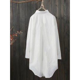 Solid Pocket Polo Collar Button Shirt, Casual Long Sleeve Shirt For Spring & Fall, Women's Clothing