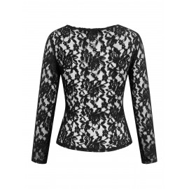 Solid Lace Blouse, Elegant V Neck Long Sleeve Slim Blouse, Women's Clothing