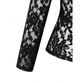 Solid Lace Blouse, Elegant V Neck Long Sleeve Slim Blouse, Women's Clothing