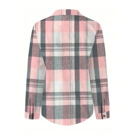 Plaid Print Polo Collar Button Shirt, Casual Pocket Long Sleeve Shirt For Spring & Fall, Women's Clothing