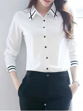 Contrast Trim  Button Front Shirt, Casual Long Sleeve Shirt For Spring & Fall, Women's Clothing