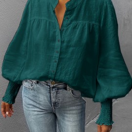Lantern Sleeve Shirred Blouse, Casual Button Front Solid Blouse, Women's Clothing
