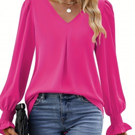 Solid V Neck Simple Blouse, Elegant Long Sleeve Ruched Blouse, Women's Clothing