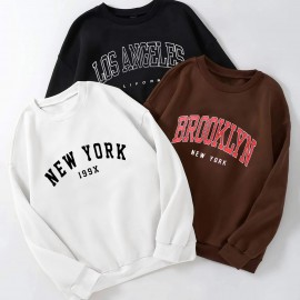 3 Packs Letter Print Pullover Sweatshirt, Casual Long Sleeve Crew Neck Sweatshirt For Fall & Winter, Women's Clothing