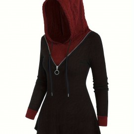 Color Block Zipper Hoodie, Casual Long Sleeve Drawstring Hoodies Sweatshirt, Women's Clothing