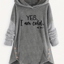 Letter Print Fleece Loose Hoodie, Casual Button Long Sleeve Warm Sweatshirt, Women's Clothing