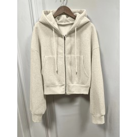 Solid Zip Up Drawstring Hoodie, Casual Long Sleeve Sweatshirt With Pocket, Women's Clothing