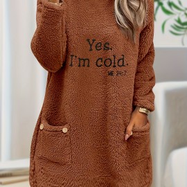 Letter Print Patched Pockets Sweatshirt, Casual Drop Shoulder Button Decor Plush Sweatshirt, Women's Clothing