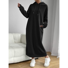 Solid Drawstring Hooded Dress, Casual Long Sleeve Loose Dress, Women's Clothing