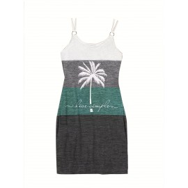 Color Block Coconut Tree Print Cami Dress, Casual Spaghetti Strap Dress, Women's Clothing