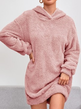 Solid Hooded Plush Dress, Casual Long Sleeve Warm Dress For Fall & Winter, Women's Clothing