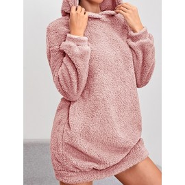 Solid Hooded Plush Dress, Casual Long Sleeve Warm Dress For Fall & Winter, Women's Clothing