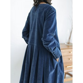 Ruched Solid Midi Dress, Casual Crew Neck Long Sleeve Dress, Women's Clothing