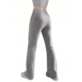 Solid Ribbed Knit Wide-Leg Pants, Causal High Waist Pants For Spring & Fall, Women's Clothing