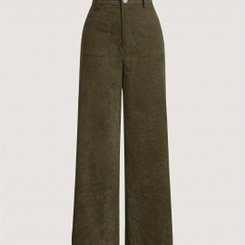 Solid Corduroy Straight Leg Pants, Vintage Patched Pocket Loose Pants, Women's Clothing