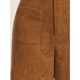 Solid Corduroy Straight Leg Pants, Vintage Patched Pocket Loose Pants, Women's Clothing