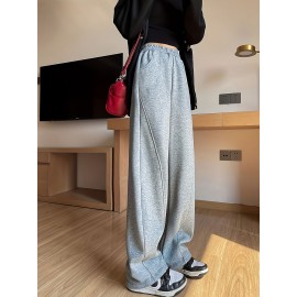 Solid Elastic High Waist Sweatpants, Casual Sporty Wide Leg Pants With Pocket, Women's Clothing