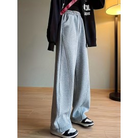 Solid Elastic High Waist Sweatpants, Casual Sporty Wide Leg Pants With Pocket, Women's Clothing