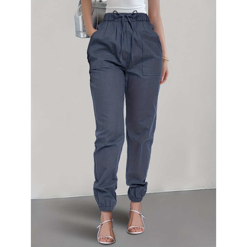 Solid Drawstring Patched Pockets Pants, Casual Sporty Pants For Spring & Summer, Women's Clothing