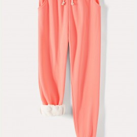 Solid Drawstring Thermal Sweatpants, Versatile Loose Comfy Jogger Pants, Women's Clothing