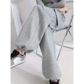 Solid Flap Pocket Loose Cargo Sweatpants, Casual Drawstring Pants For Spring & Fall, Women's Clothing