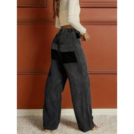Ribbed Button Front Wide Leg Pants, Casual High Waist Pants, Women's Clothing