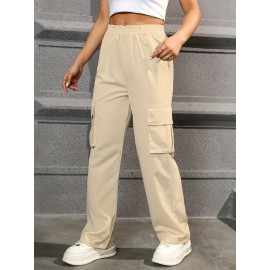 Straight Leg Cargo Pants, Y2K High Waist Solid Pants For Spring & Fall, Women's Clothing